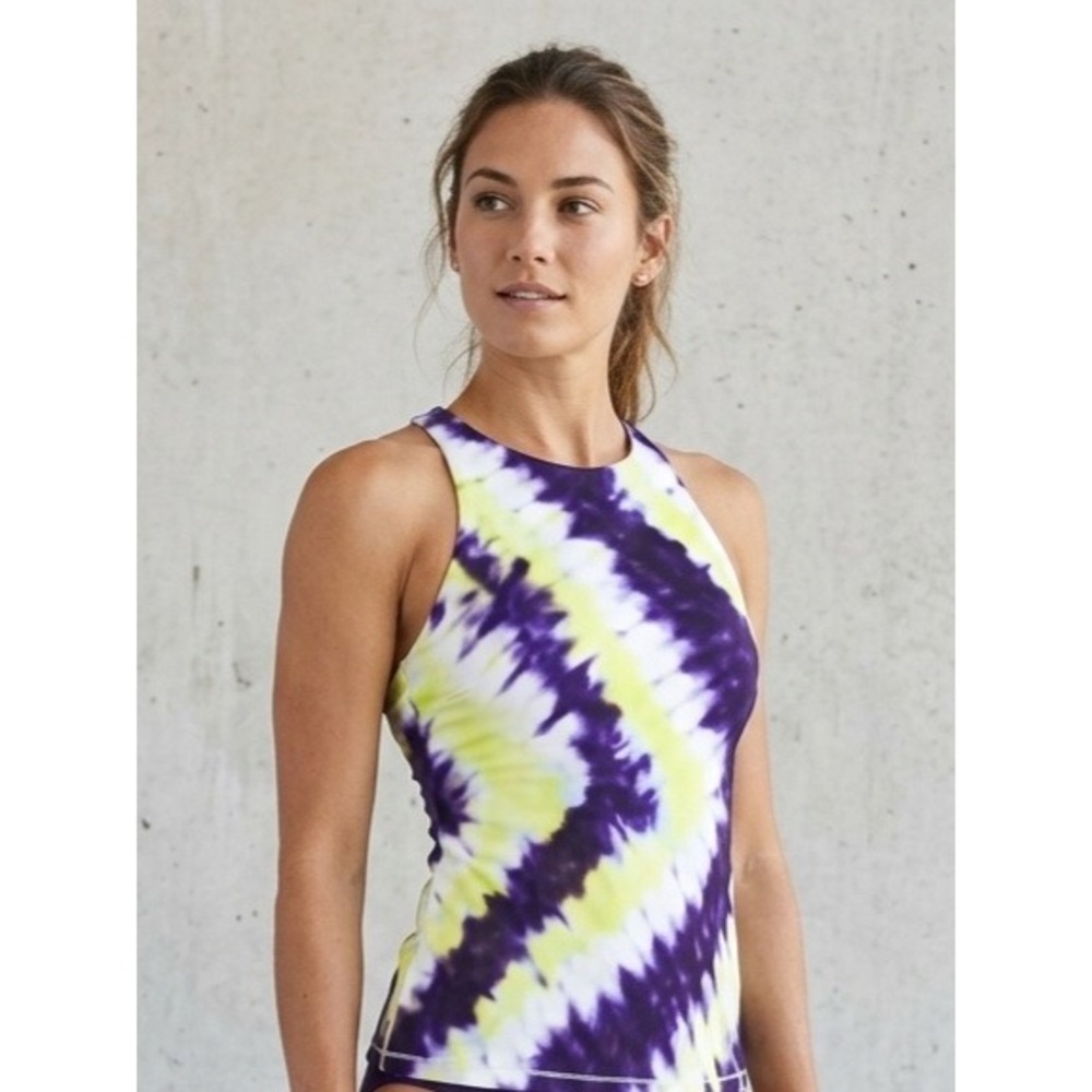 Athleta Tie Dye High Neck Tankini Swim Top Underwire Purple Lime 36B/C